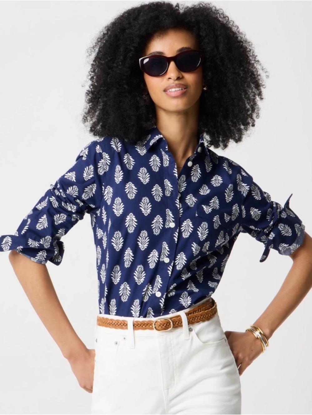 J. Crew Navy Button-Down Cotton Poplin Shirt Signature Fit Botanical Print